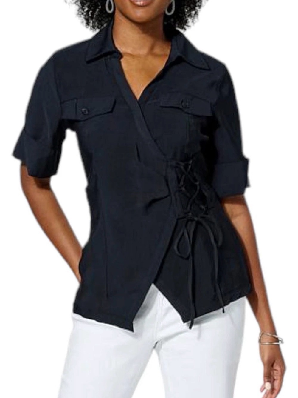 NWT DG2 by Diane Gilman Black Lace-Up Wrap Shirt Blouse